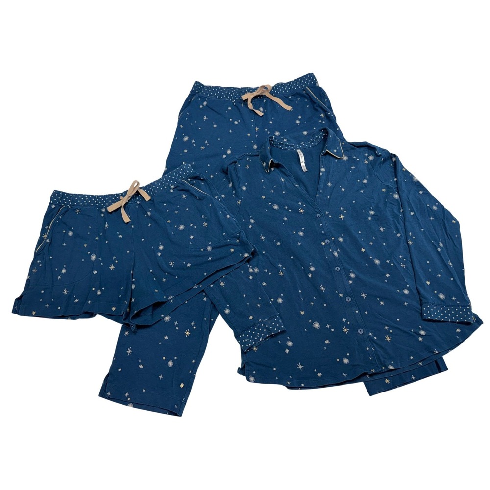 Soma Womens 3PC Pajama Set Navy Blue Celestial Star Pants Shorts Top Size M